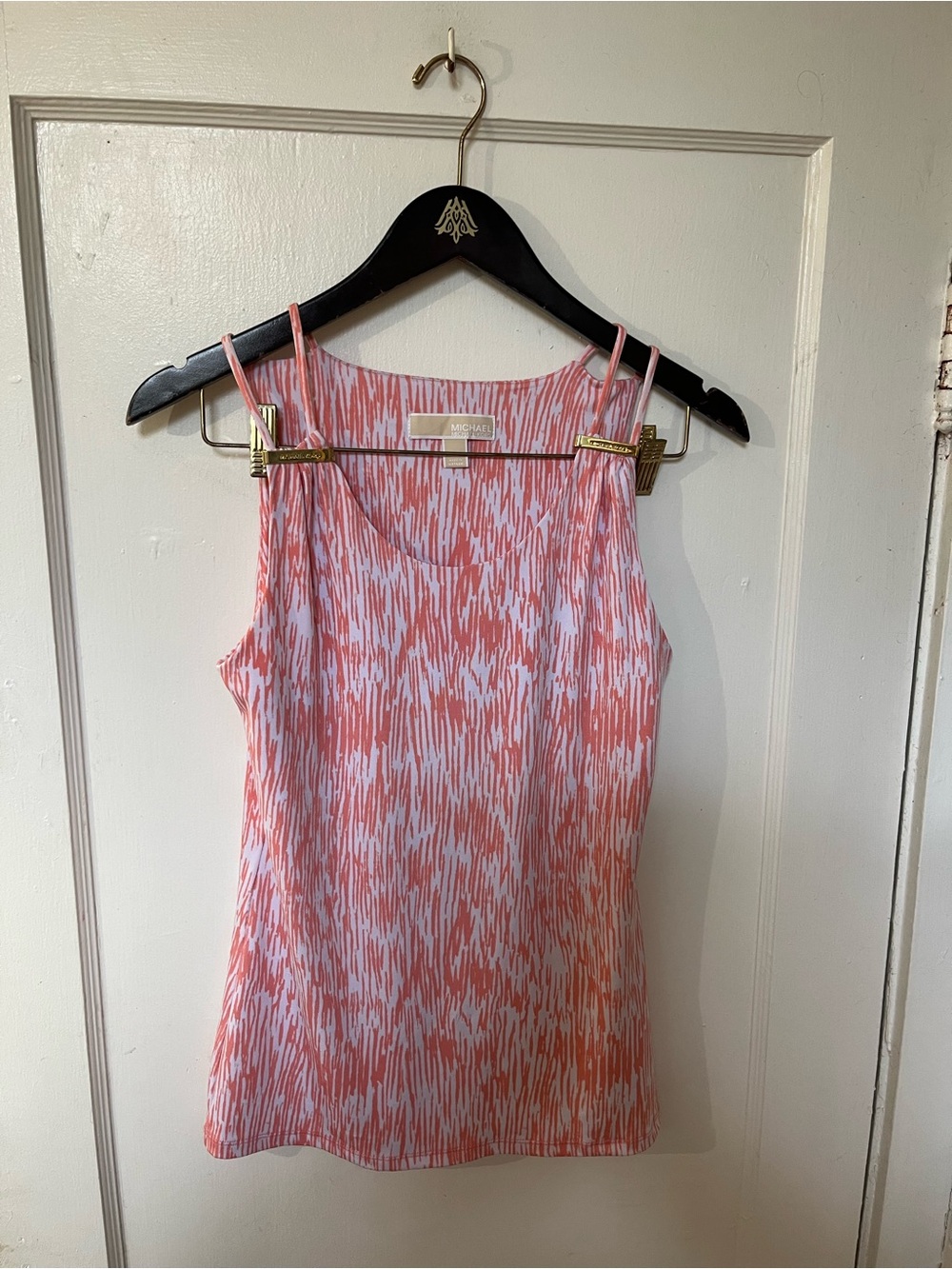 Michael Kors Coral Matchstick Print Tank Top Gold Logo Hardware XS EUC